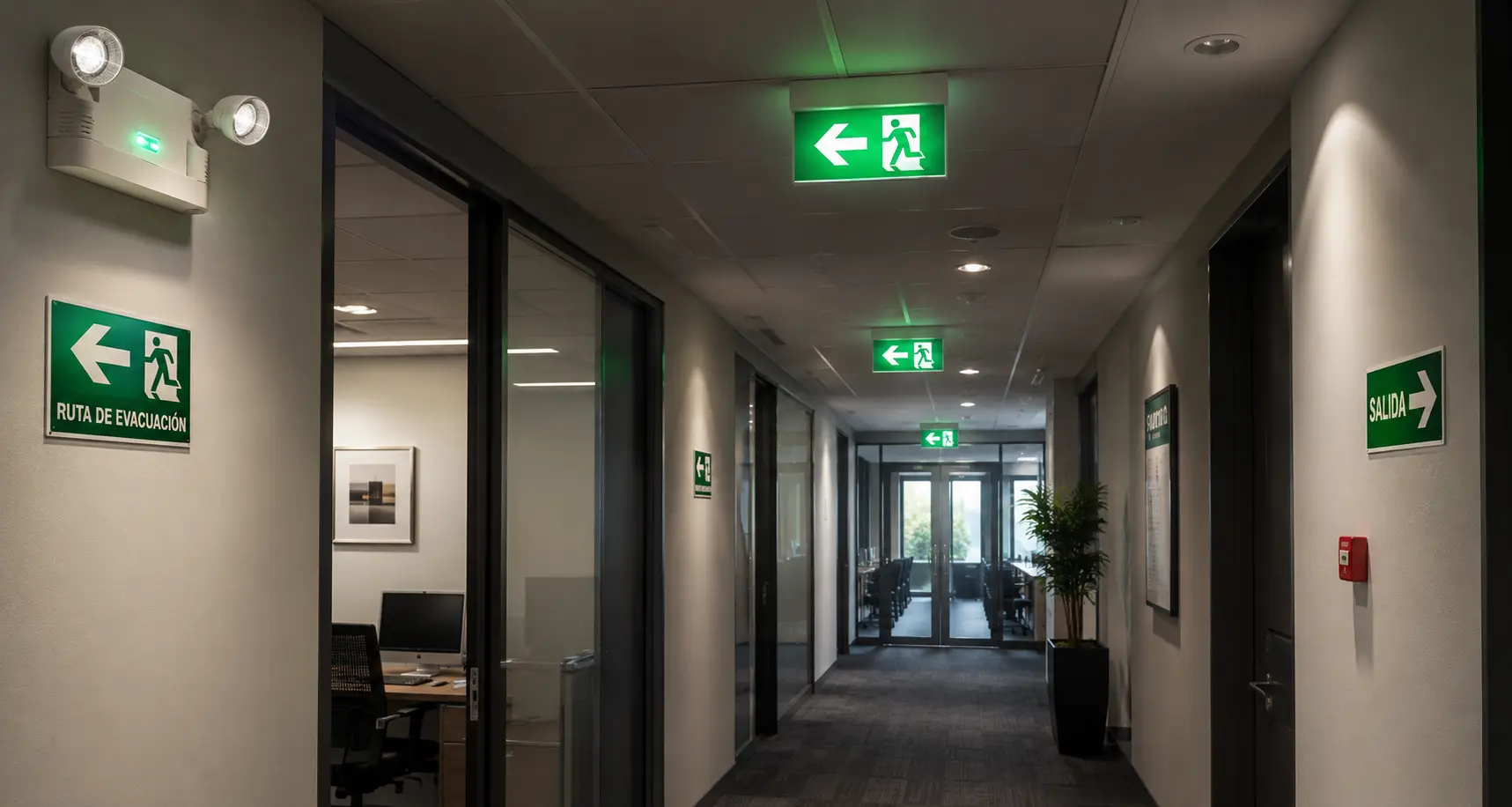 Pasillo de oficinas equipado con luces de emergencia y señalización iluminada de rutas de evacuación y salida de emergencia.